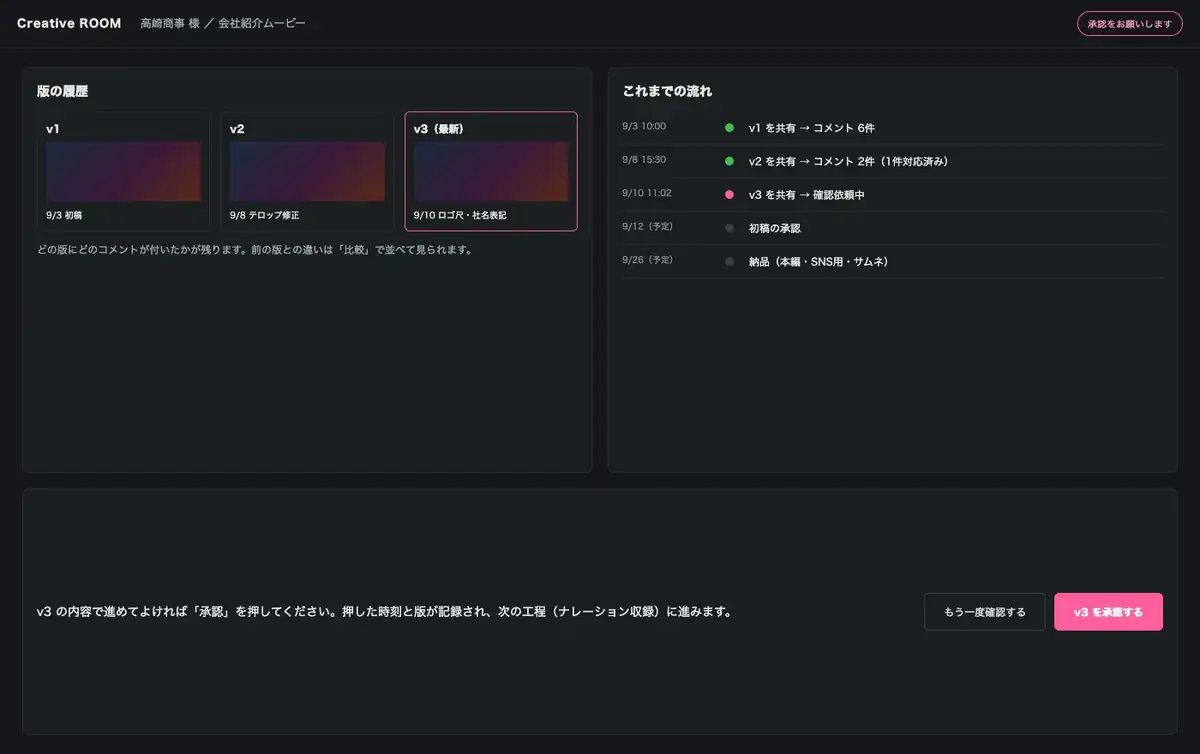 承認と履歴の画面イメージ:版の履歴と承認ボタン