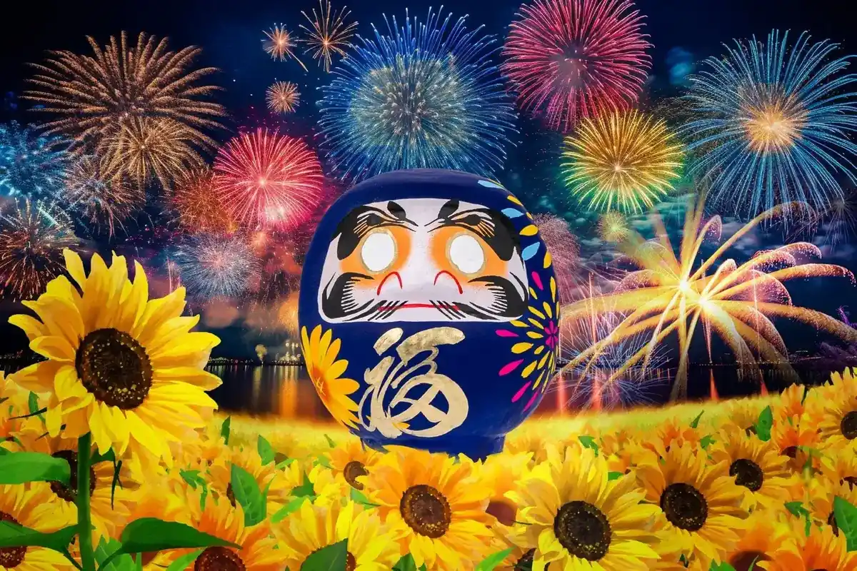 花火と向日葵を描いただるま