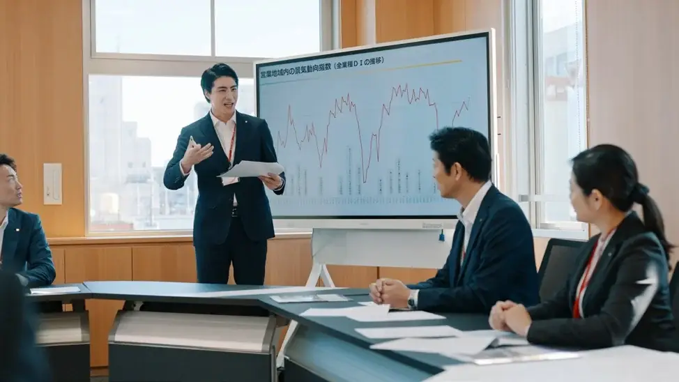 会議室でプレゼンテーションをする行員