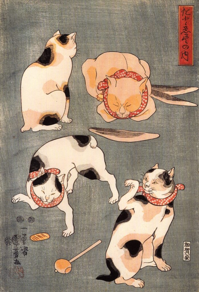 歌川国芳の浮世絵。手ぬぐいをかぶった猫たちが人のような仕草をしている